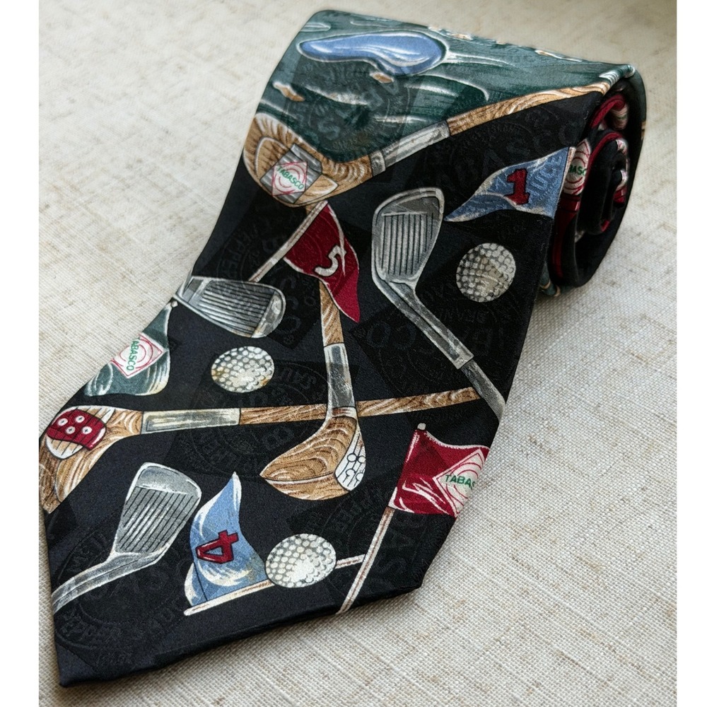 Vintage Tabasco Mens Silk Tie Golf Course Novelty Print Black Multi USA 0347